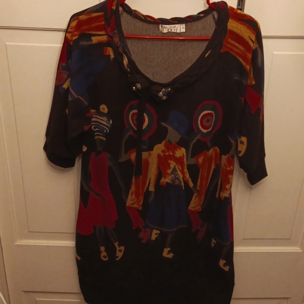 Funky People Black Sweater Dress with pockets XL Neckline Embroidery Vintage 80